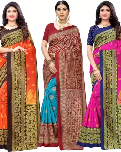 Floral Print, Striped, Printed Banarasi Cotton Silk Saree (Pack of 3, Orange, Maroon, Pink)