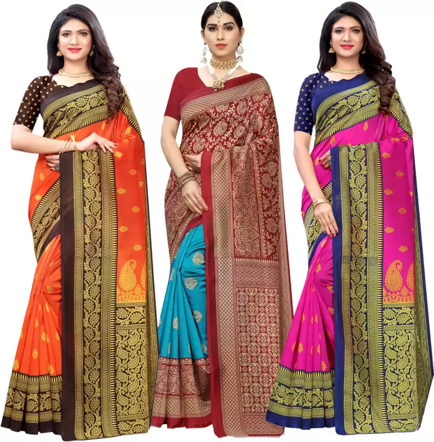 Floral Print, Striped, Printed Banarasi Cotton Silk Saree (Pack of 3, Orange, Maroon, Pink)