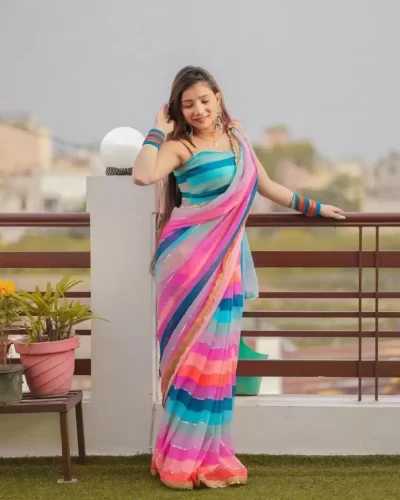 Striped, Digital Print Bollywood Georgette Saree - multi-clemira-unstitched-original