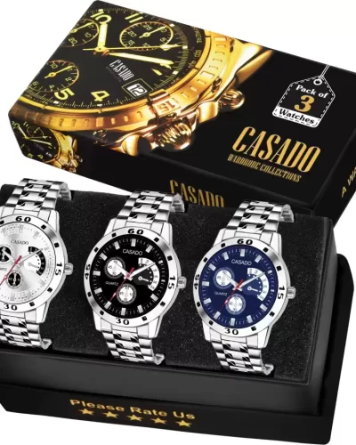 TRIPLE-347-SILVER-BLACK-BLUE Premium Collection of 3 Black Blue & Silver Dummy Chronograph Pattern Dial with Stainless Steel Metal Strap For Uptown Boys Analog Watch - For Men