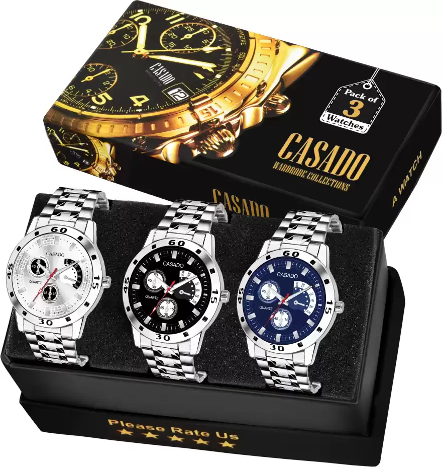 Premium Collection of 3 Black Blue & Silver Dummy Chronograph Pattern Dial with Stainless Steel Metal Strap For Uptown Boys Analog Watch - For Men
