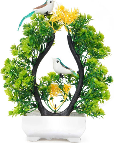 POKA Artificial Flower With Bird for Home, Room, Bedroom, House, Office & Weddings Green, Yellow Wild Flower Artificial Flower with Pot (11 cm, Pack of 1, Flower Bunch)