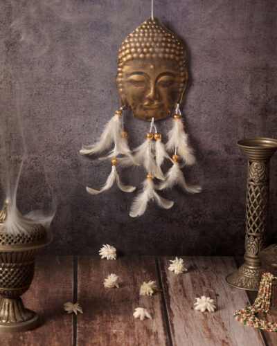 DULI Metal Buddha Wall Hanging with White Feathers for Hanging Showpiece Decorative Showpiece - 30.4 cm (Feather, White)