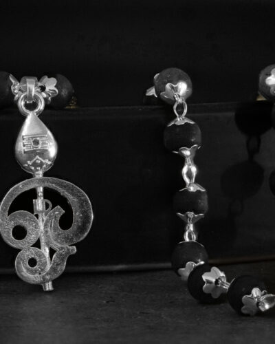 Silver Plated Karungali Mala with Om Vel Pendant Wood Necklace