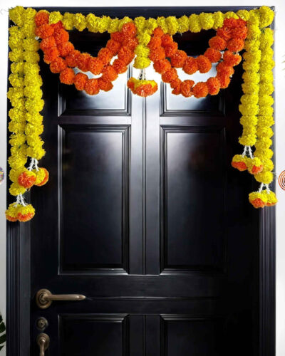 CESTO Diwali Decoration Items, Genda Phool Door Hanging Toran, Ladi, Chhathpuja Puja Yellow, Orange Marigold Artificial Flower (25 cm, Pack of 1, Garlands)