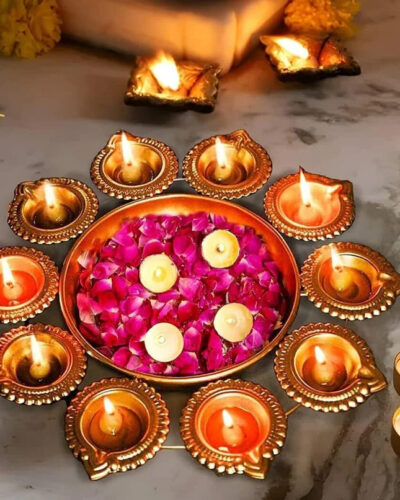 VRB Dec 12 Inch Urli with Diya Shape Decorative Urli Bowl for Home Handcrafted Bowl Iron Decorative Platter (Multicolor)