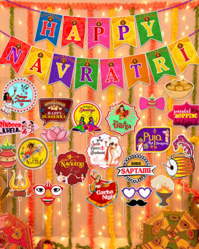 ZYOZI Multicolor Navratri Festival Decorations Banner,Photo Booth & Light for Decor (Pack of 25)