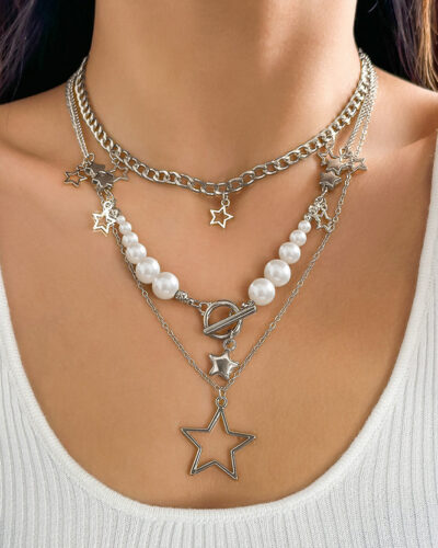 Layered Star Pendant Necklace Women Girl Trio Pearl Choker Y2K Aesthetic Jewelry Pearl Silver Plated Metal Layered