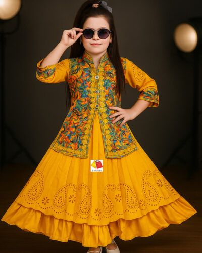 Girls Maxi/Full Length Festive/Wedding Dress (Yellow, 3/4 Sleeve)