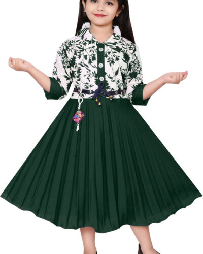 Girls Calf Length Party Dress (Dark Green, 3/4 Sleeve)