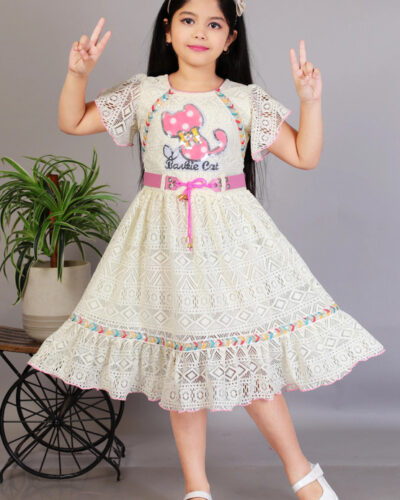 Barbie Girls Below Knee Festive/Wedding Dress (White, Short Sleeve)