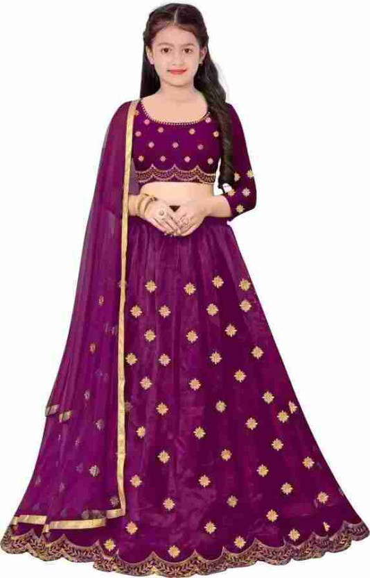 Girls Lehenga Choli Ethnic Wear Embroidered Lehenga, Choli and Dupatta Set (Purple, Pack of 1)