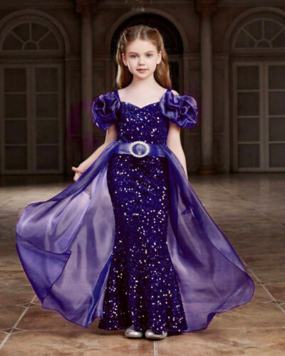 Girls Maxi/Full Length Party Dress (Blue, Fashion Sleeve)