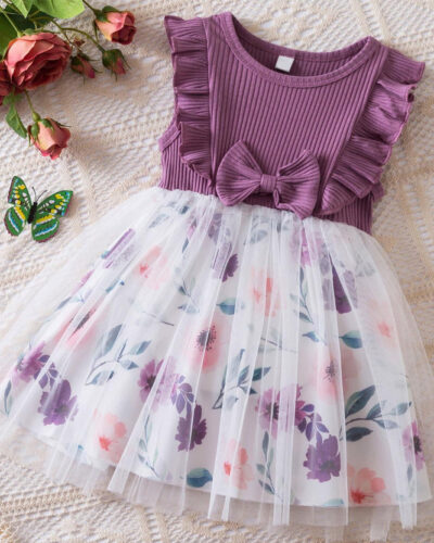Baby Girls Below Knee Festive/Wedding Dress (Purple, Sleeveless)