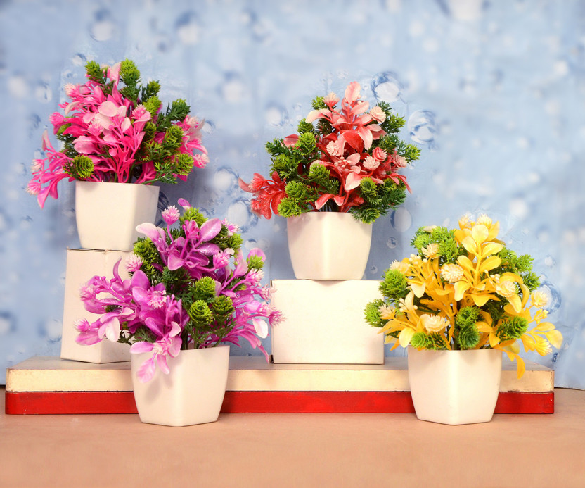 RisEmpire artificial plant with pot (pack of 4, 5inch Bonsai Wild Artificial Plant with Pot (12.5 cm, Multicolor)