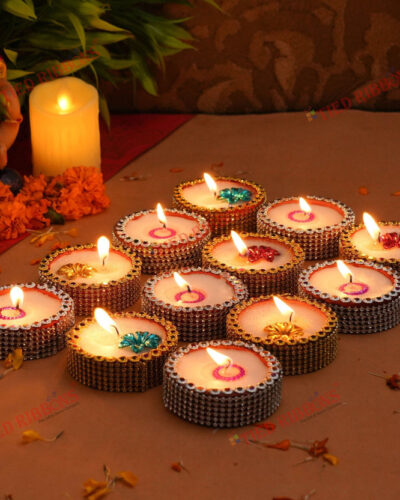 TIED RIBBONS Set of 12 Beautiful Handmade Traditional Wax Filled Diyas Candle Holder Deepak for Home Office Pooja Room Diwali Rangoli Lighting Indoor Outdoor Decoration Combo Assorted Gift Items Terracotta (Pack of 12) Table Diya Set (Height: 1 inch)