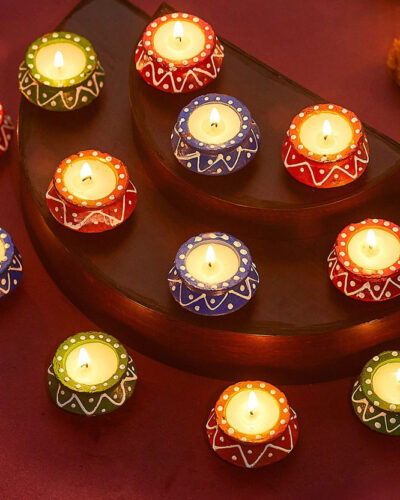 TIED RIBBONS Diwali Matki Wax Candle Clay Diya Lights for Home Decorations Pooja Room Diwali Terracotta (Pack of 12) Table Diya Set (Height: 1 inch)