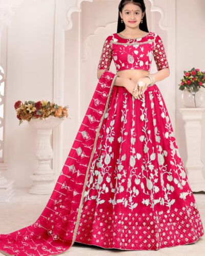 Girls Lehenga Choli Ethnic Wear Embroidered Lehenga, Choli and Dupatta Set (Pink, Pack of 1)