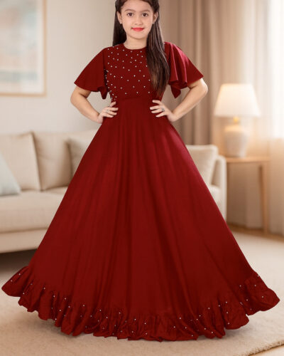 Girls Maxi/Full Length Festive/Wedding Dress (Maroon, Half Sleeve)