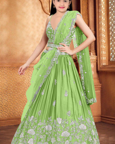 Girls Lehenga Choli Ethnic Wear Embroidered Lehenga, Choli and Dupatta Set (Light Green, Pack of 1)