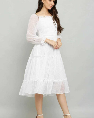 Women Fit and Flare White Below Knee Dress