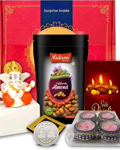 Midiron Diwali Gift Hamper – Almond, Coin Candle & Card for Celebrations Assorted Gift Box (Multicolor)