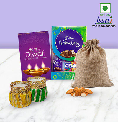 Chocoloony Dryfruit Diwali Gift Hamper | Almonds, Celebration, Tealight Holder For Diwali Paper Gift Box (Multicolor)
