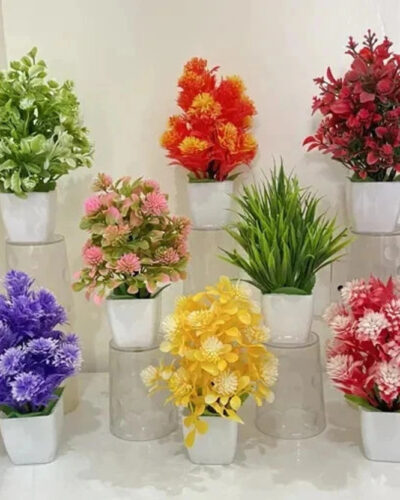 Ryme Set Of 8 Mini/Small Artificial Plants Bonsai Wild Artificial Plant with Pot (15 cm, Multicolor)