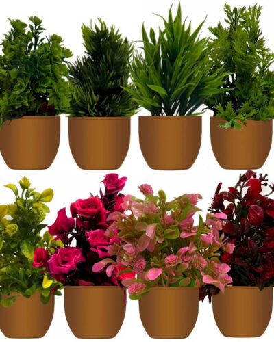 Ryme Set Of 8 Mini Plants With Pot/Vase Bonsai Wild Artificial Plant with Pot (15 cm, Green)