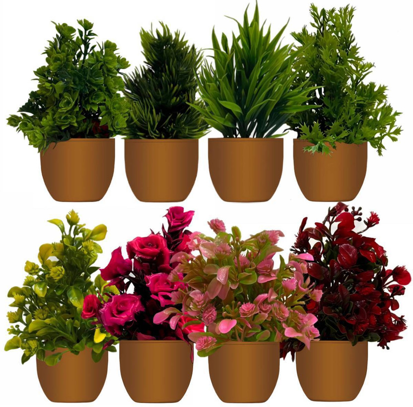 Ryme Set Of 8 Mini Plants With Pot/Vase Bonsai Wild Artificial Plant with Pot (15 cm, Green)