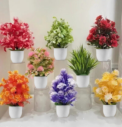 Ryme Set Of 8 Small Mini Artificial Plants With Pot/Vase Bonsai Wild Artificial Plant with Pot (15 cm, Multicolor)