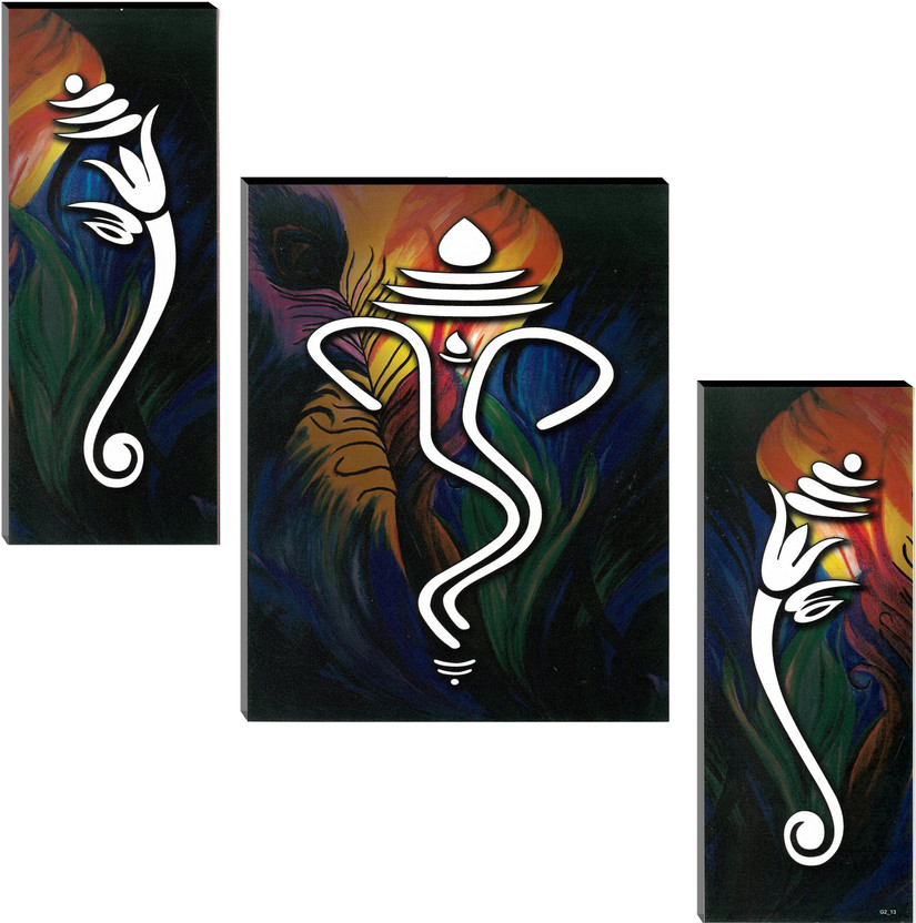 Indianara Lord Ganesha MDF Art (3708FL) without glass (4.5 X 12, 9 X 12, 4.5 X 12 INCH) Digital Reprint 12 inch x 18 inch Painting (With Frame, Pack of 3)