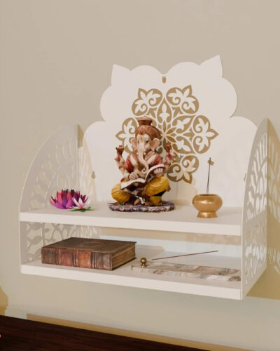 Nived Saraswati Mandir 15 inch Wide Wall Mount Devghar Poojaghar Color White & Gold Metal Home Temple (Height: 37.5, DIY(Do-It-Yourself))