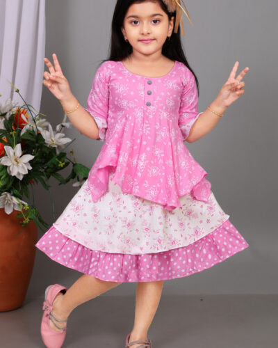 Girls Below Knee Festive/Wedding Dress (Pink, Half Sleeve)