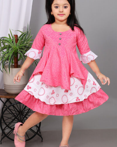 Girls Below Knee Festive/Wedding Dress (Pink, Half Sleeve)