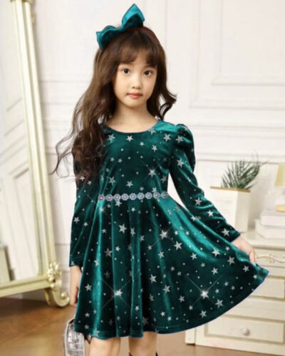 Girls Midi/Knee Length Party Dress (Green, Full Sleeve)