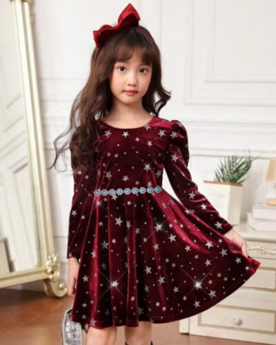 Girls Midi/Knee Length Party Dress (Maroon, Full Sleeve)