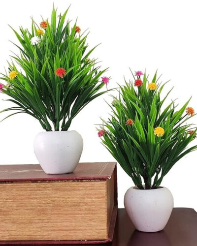 Ukv collection new green grass55 Green Wild Flower Artificial Flower with Pot (10 cm, Pack of 2, Flower with Basket)