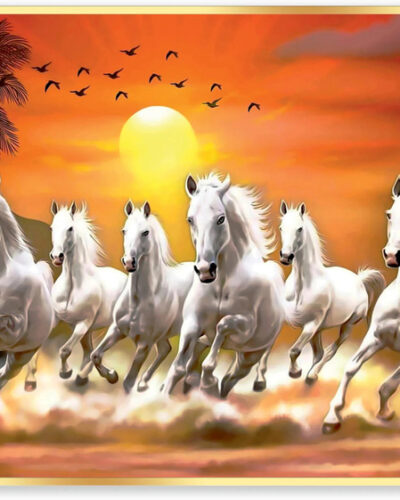 Indianara Vastu Seven Running Horses Without Glass Framed Art Print (12 *18 Inches) Digital Reprint 14 inch x 20 inch Painting (With Frame)