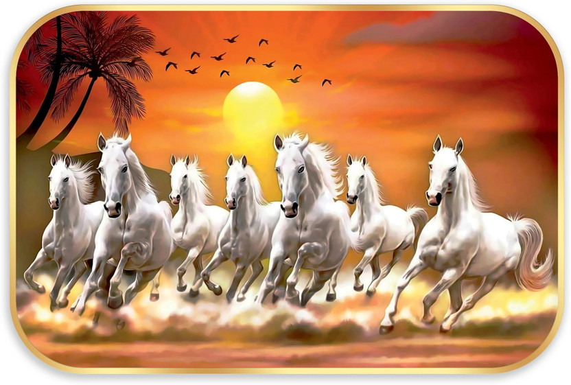 Indianara Vastu Seven Running Horses Without Glass Framed Art Print (12 *18 Inches) Digital Reprint 14 inch x 20 inch Painting (With Frame)