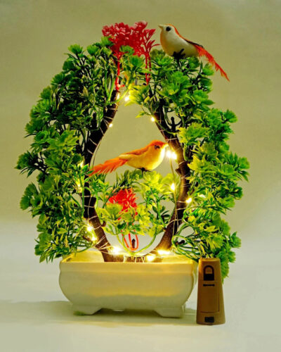 POKA Artificial Plants With Bird & light For Home, Room, Bedroom, Office & wedding. Bonsai Wild Artificial Plant with Pot (23.5 cm, Multicolor)