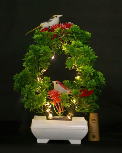 youlite Artificial Plants With Birds & Light for Home, Room Decoration, Bedroom, Office. Bonsai Wild Artificial Plant with Pot (23.5 cm, Multicolor, Red)