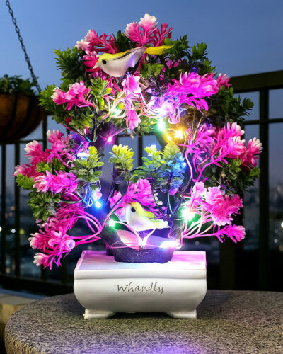 Handybee Mini Faux Bonsai Plant With 2 Bird Sparrow LED Plant for Home Decor Bonsai Artificial Plant with Pot (23 cm, Pink, Green)