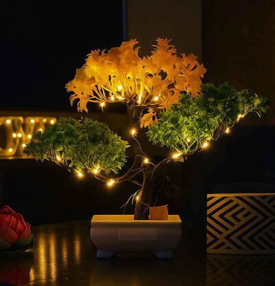 Handybee Faux Tree for Home Decor - Faux Tree Indoor Decor Bonsai Wild Artificial Plant with Pot (24 cm, Yellow, Green)