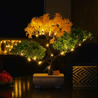 Handybee Faux Tree for Home Decor - Faux Tree Indoor Decor Bonsai Wild Artificial Plant with Pot (24 cm, Yellow, Green)