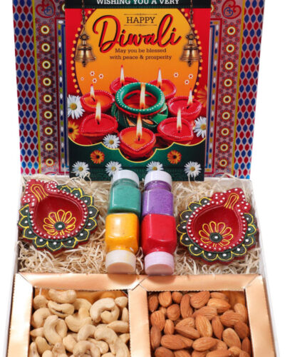 MANTOUSS Diwali dry fruits tray/Diwali Gift hampers with Dry Fruits/Dry Fruits Combo Pack/Diwali Dry fruits gift pack-50 gms of Almond+50 gms of cashew+2 designer Diya+4 Rangoli Colours+Diwali Card Assorted Gift Box (Multicolor)