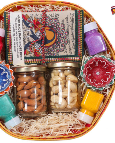 MANTOUSS Diwali Gift hampers with Dry Fruits/Dry Fruits Combo Pack/Dry fruits gift pack-Decorated Basket+2 Jars of Dry Fruits(Almond and Cashew)+handmade diary+2 designer Diya+4 Rangoli Colours+Diwali Card Assorted Gift Box (Multicolor)