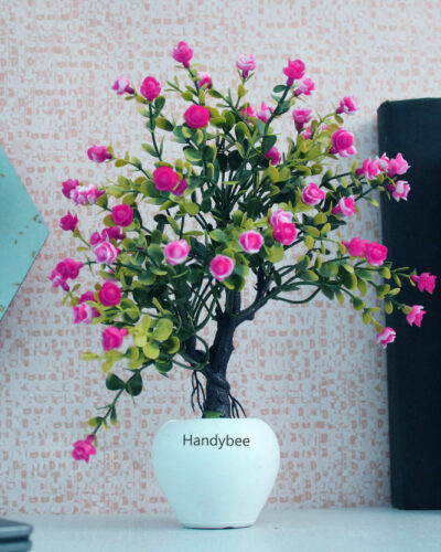 Handybee Potted Faux Plants for Indoor Office Desk Shelf Bathroom, (Pink/Red) Bonsai Artificial Plant with Pot (25 cm, Multicolor)