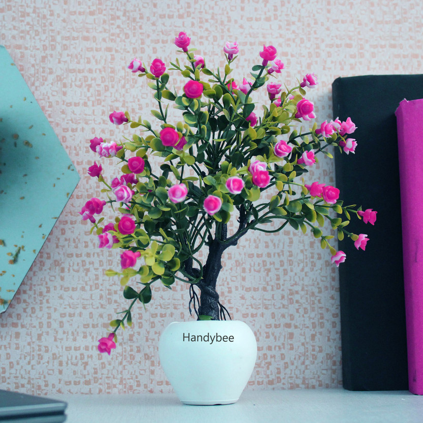 Handybee Potted Faux Plants for Indoor Office Desk Shelf Bathroom, (Pink/Red) Bonsai Artificial Plant with Pot (25 cm, Multicolor)