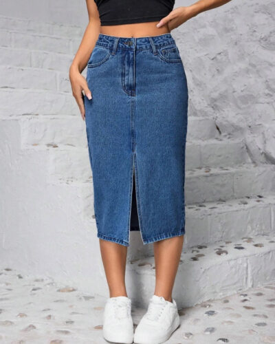 Women Solid Pencil Blue Skirt